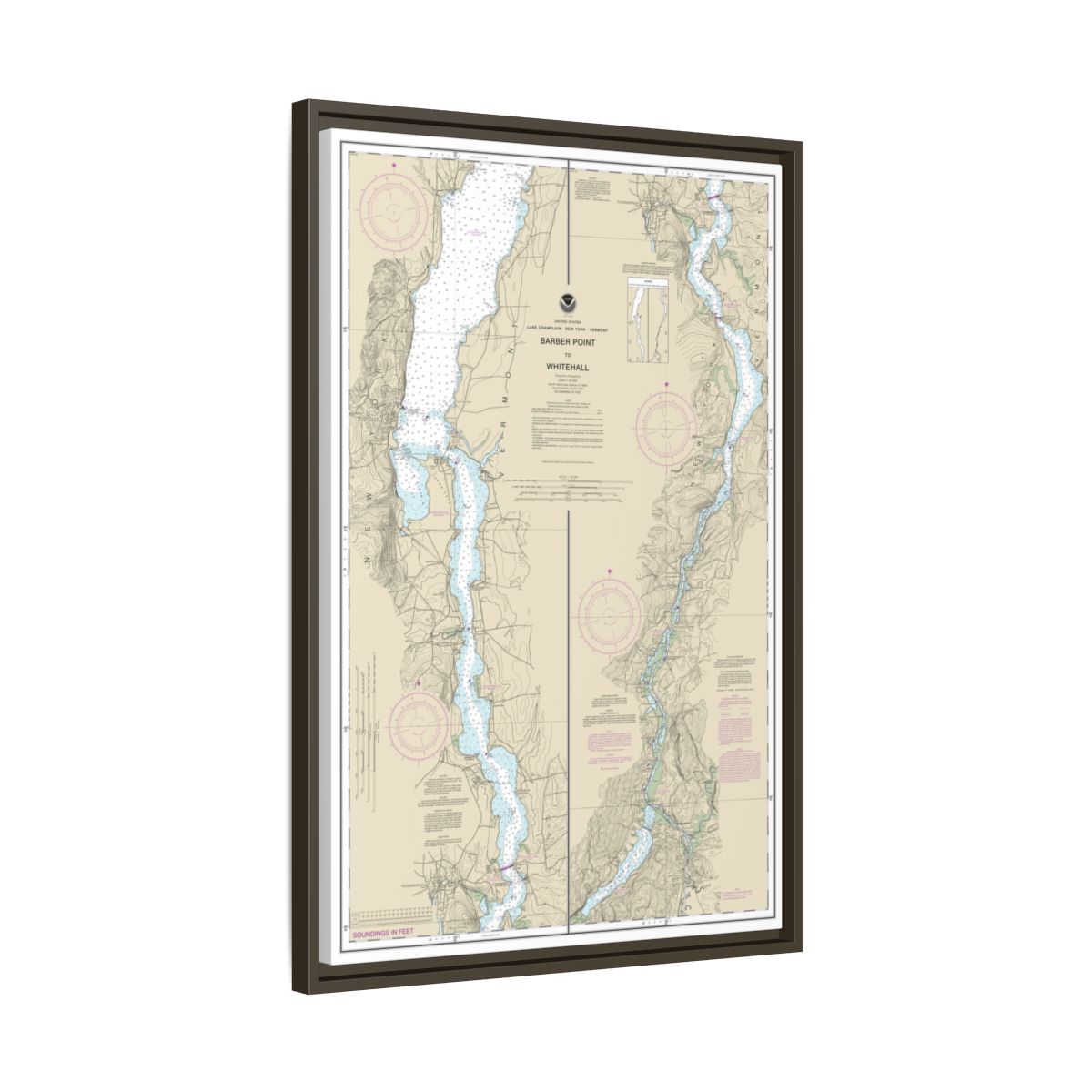 Chart 14784 Barber Point to Whitehall - NOAA Nautical Chart Floating Frame Canvas | 20" x 30" | 24" x 36" | 32" x 48" - Espresso side