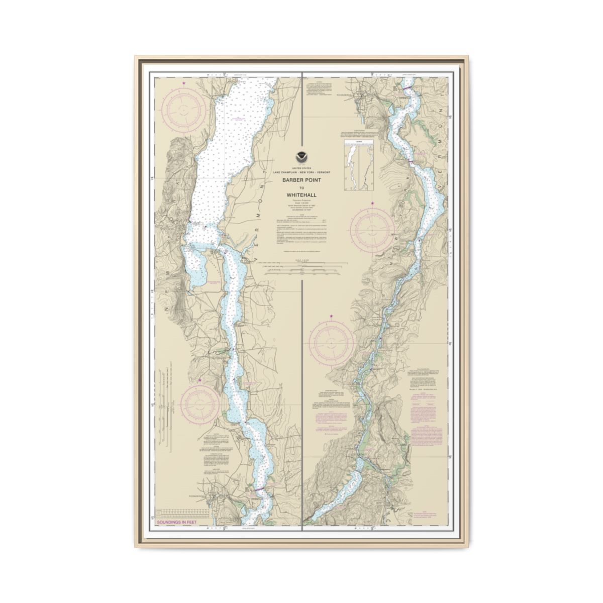 Chart 14784 Barber Point to Whitehall - NOAA Nautical Chart Floating Frame Canvas | 20" x 30" | 24" x 36" | 32" x 48" - Natural front