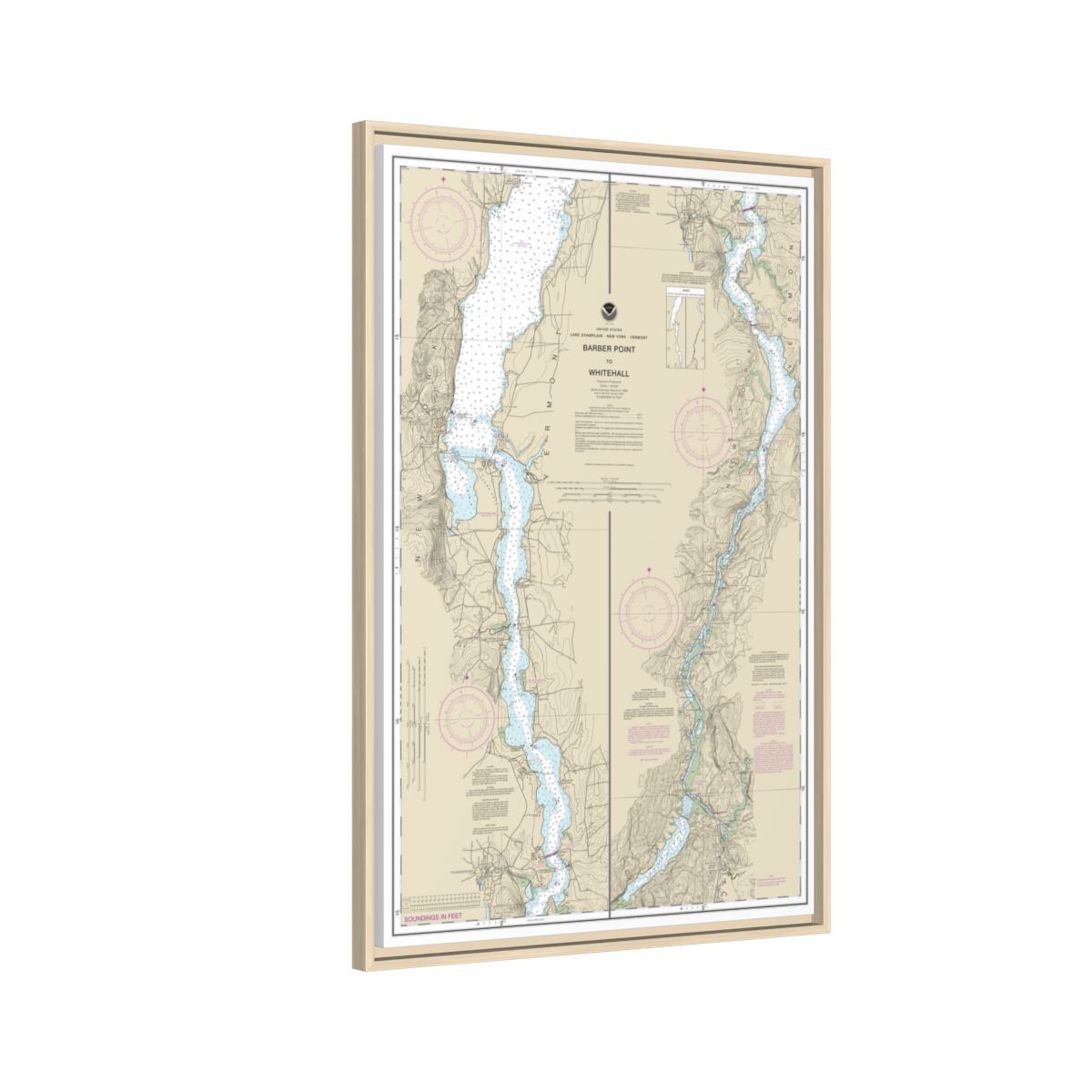 Chart 14784 Barber Point to Whitehall - NOAA Nautical Chart Floating Frame Canvas | 20" x 30" | 24" x 36" | 32" x 48" - Natural side