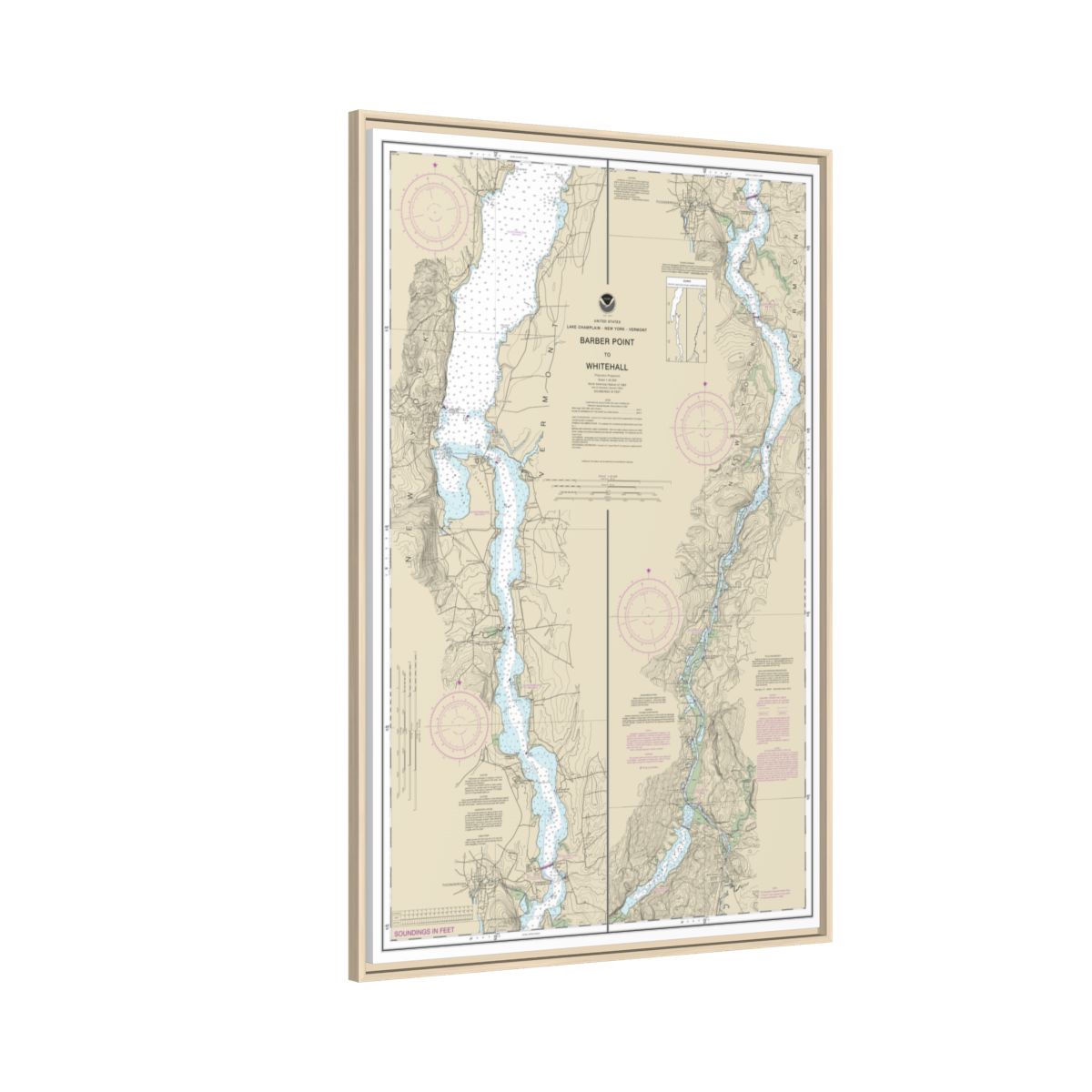 Chart 14784 Barber Point to Whitehall - NOAA Nautical Chart Floating Frame Canvas | 20" x 30" | 24" x 36" | 32" x 48" - Natural side