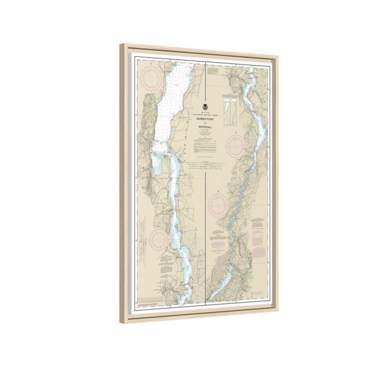 Chart 14784 Barber Point to Whitehall - NOAA Nautical Chart Floating Frame Canvas | 20" x 30" | 24" x 36" | 32" x 48" - Natural side