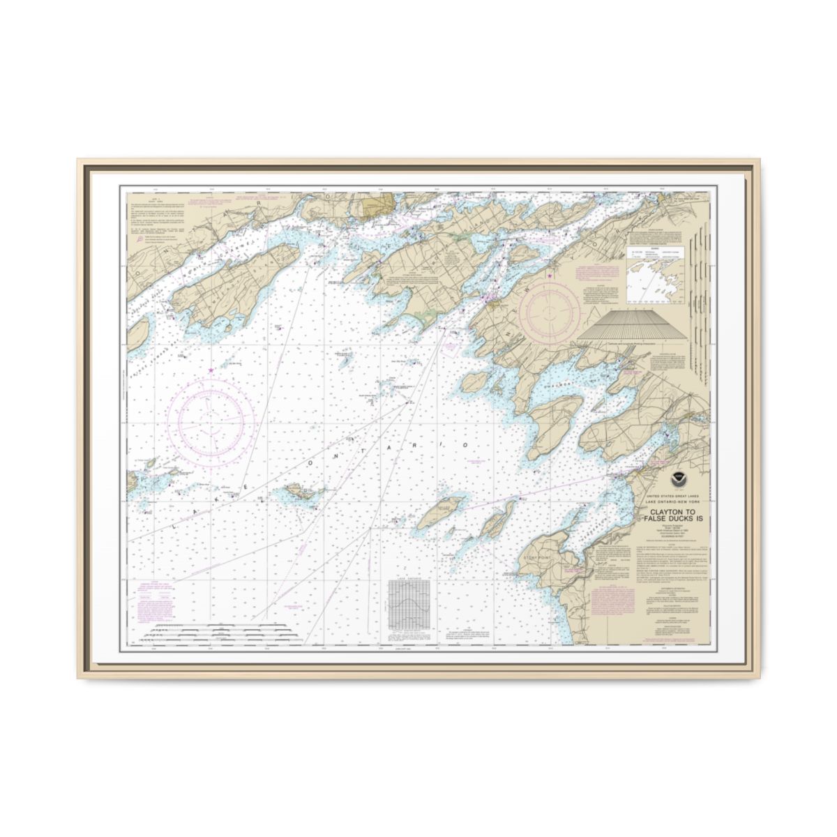 Chart 14802 Clayton to False Ducks ls. - NOAA Nautical Chart Floating Frame Canvas | 32" x 24" | 40" x 30" - Natural front