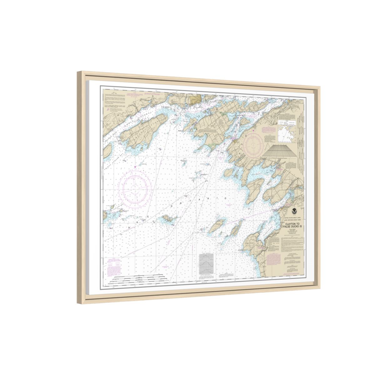 Chart 14802 Clayton to False Ducks ls. - NOAA Nautical Chart Floating Frame Canvas | 32" x 24" | 40" x 30" - Natural side