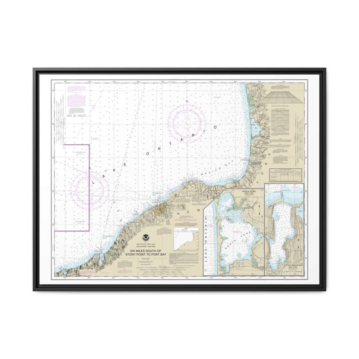 Chart 14803 Six Miles south of Stony Point to Port Bay;North Pond;Little Sodus Bay - NOAA Nautical Chart Floating Frame Canvas | 32" x 24" | 40" x 30" - Black front