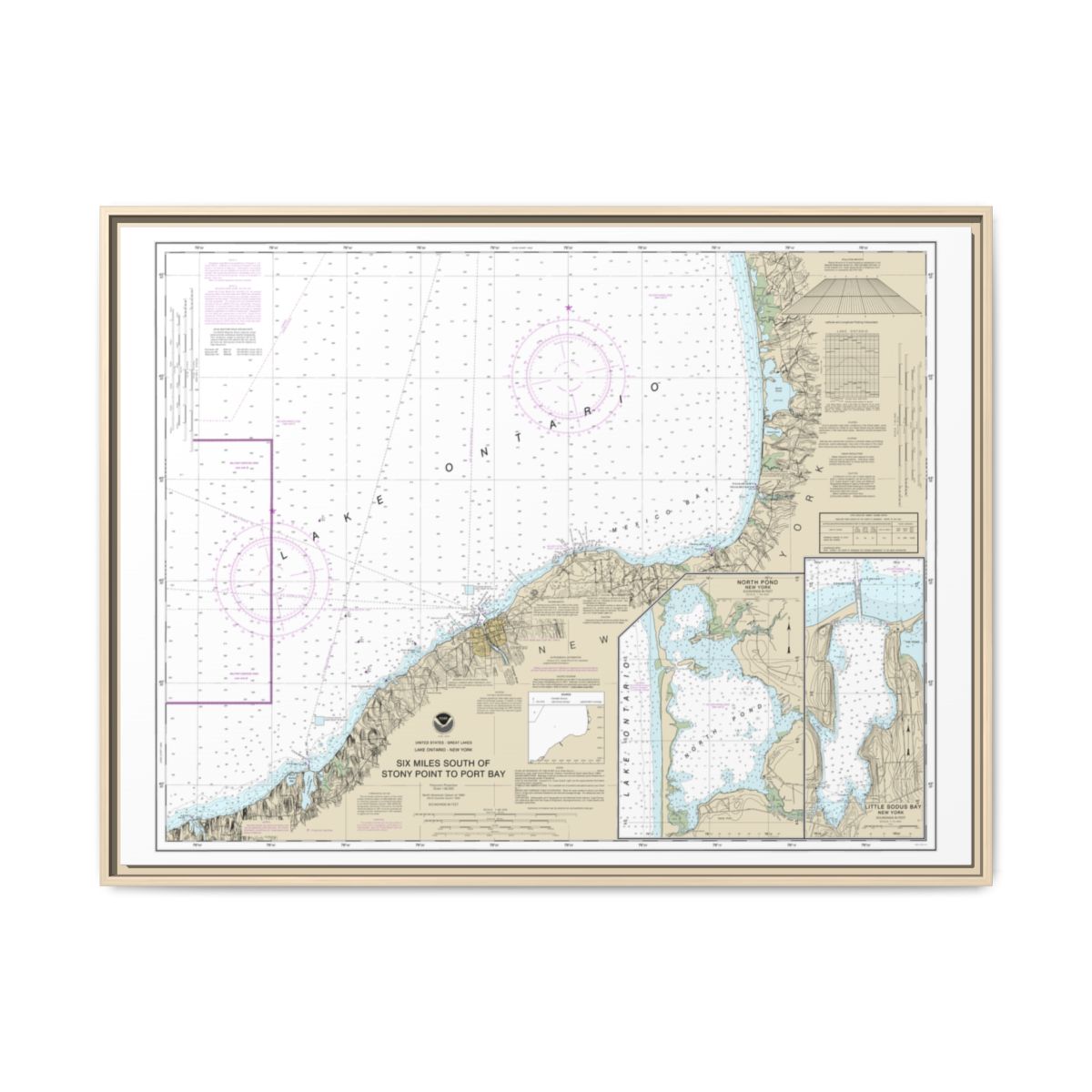 Chart 14803 Six Miles south of Stony Point to Port Bay;North Pond;Little Sodus Bay - NOAA Nautical Chart Floating Frame Canvas | 32" x 24" | 40" x 30" - Natural front