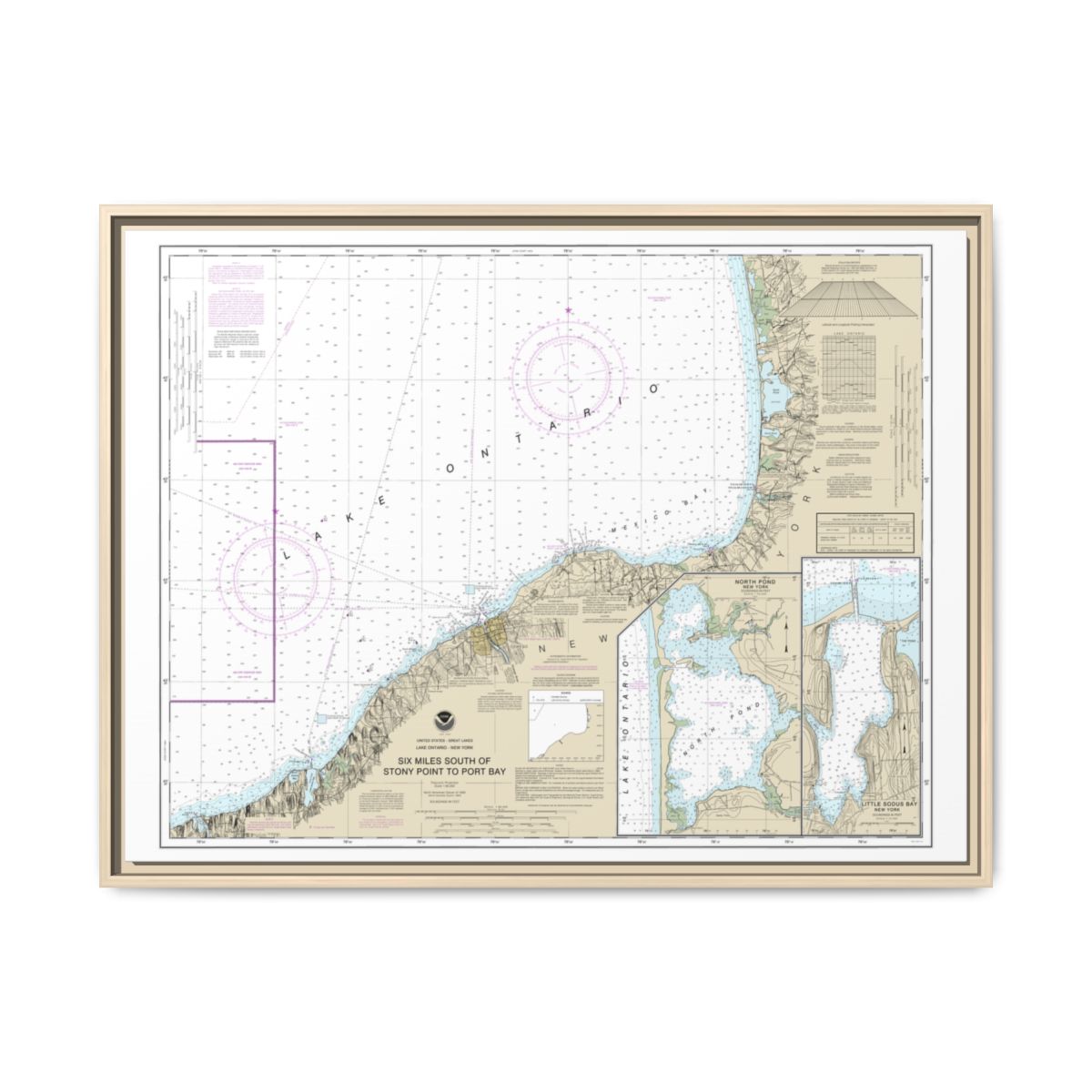 Chart 14803 Six Miles south of Stony Point to Port Bay;North Pond;Little Sodus Bay - NOAA Nautical Chart Floating Frame Canvas | 32" x 24" | 40" x 30" - Natural front