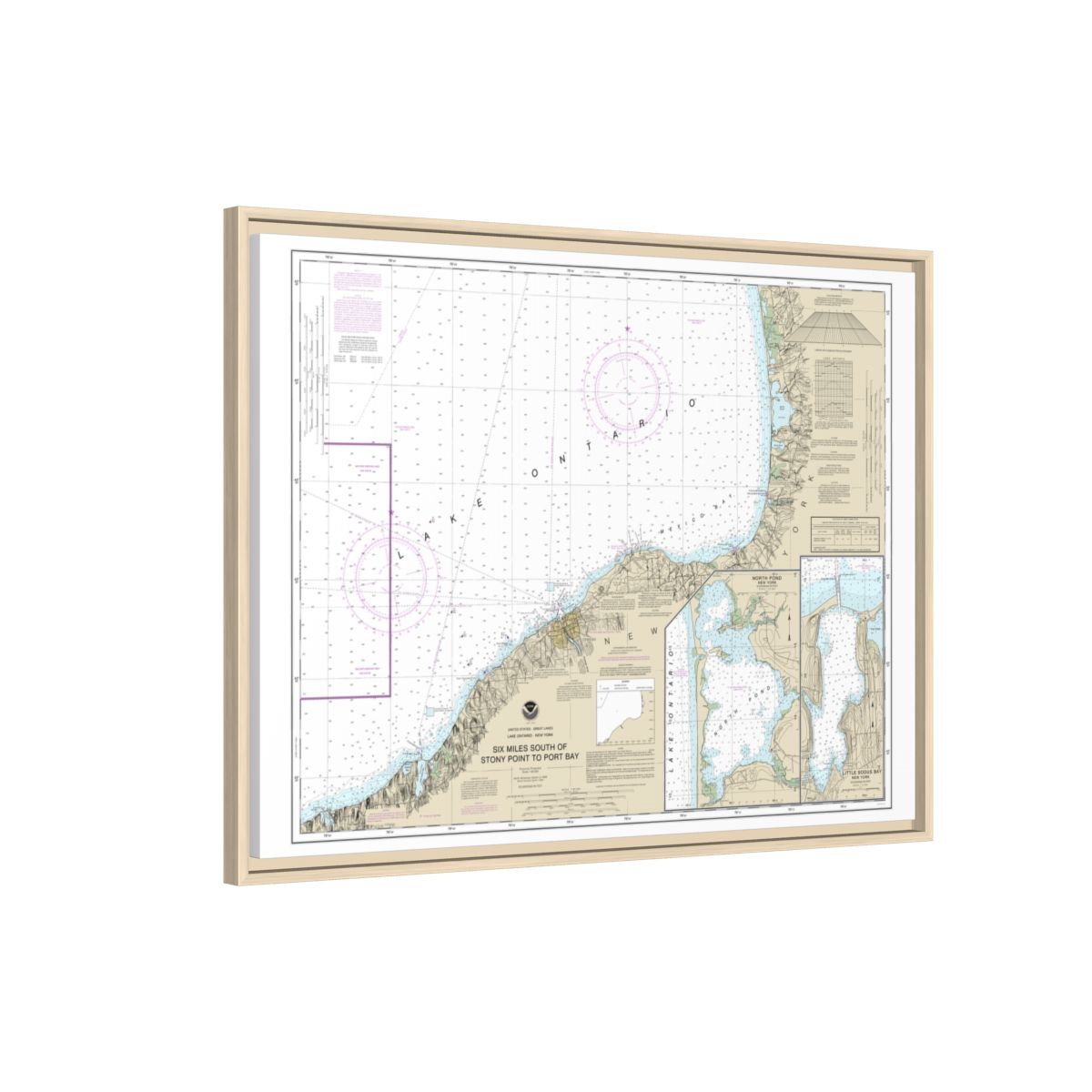 Chart 14803 Six Miles south of Stony Point to Port Bay;North Pond;Little Sodus Bay - NOAA Nautical Chart Floating Frame Canvas | 32" x 24" | 40" x 30" - Natural side