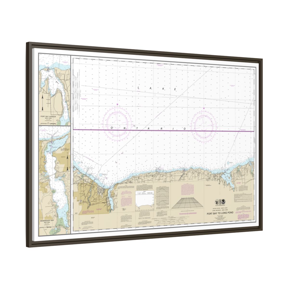 Chart 14804 Port Bay to Long Pond;Port Bay Harbor;Irondequoit Bay - NOAA Nautical Chart Floating Frame Canvas | 30" x 20" | 36" x 24" | 48" x 32" - Espresso side