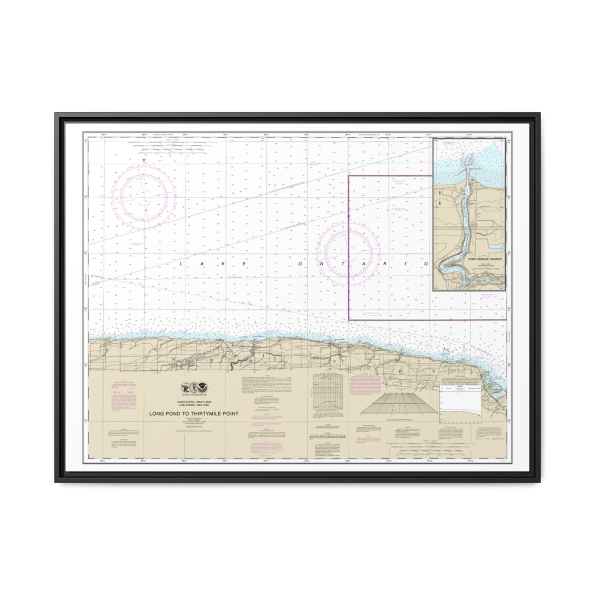 Chart 14805 Long Pond to Thirtymile Point;Point Breeze Harbor - NOAA Nautical Chart Floating Frame Canvas | 32" x 24" | 40" x 30" - Black front