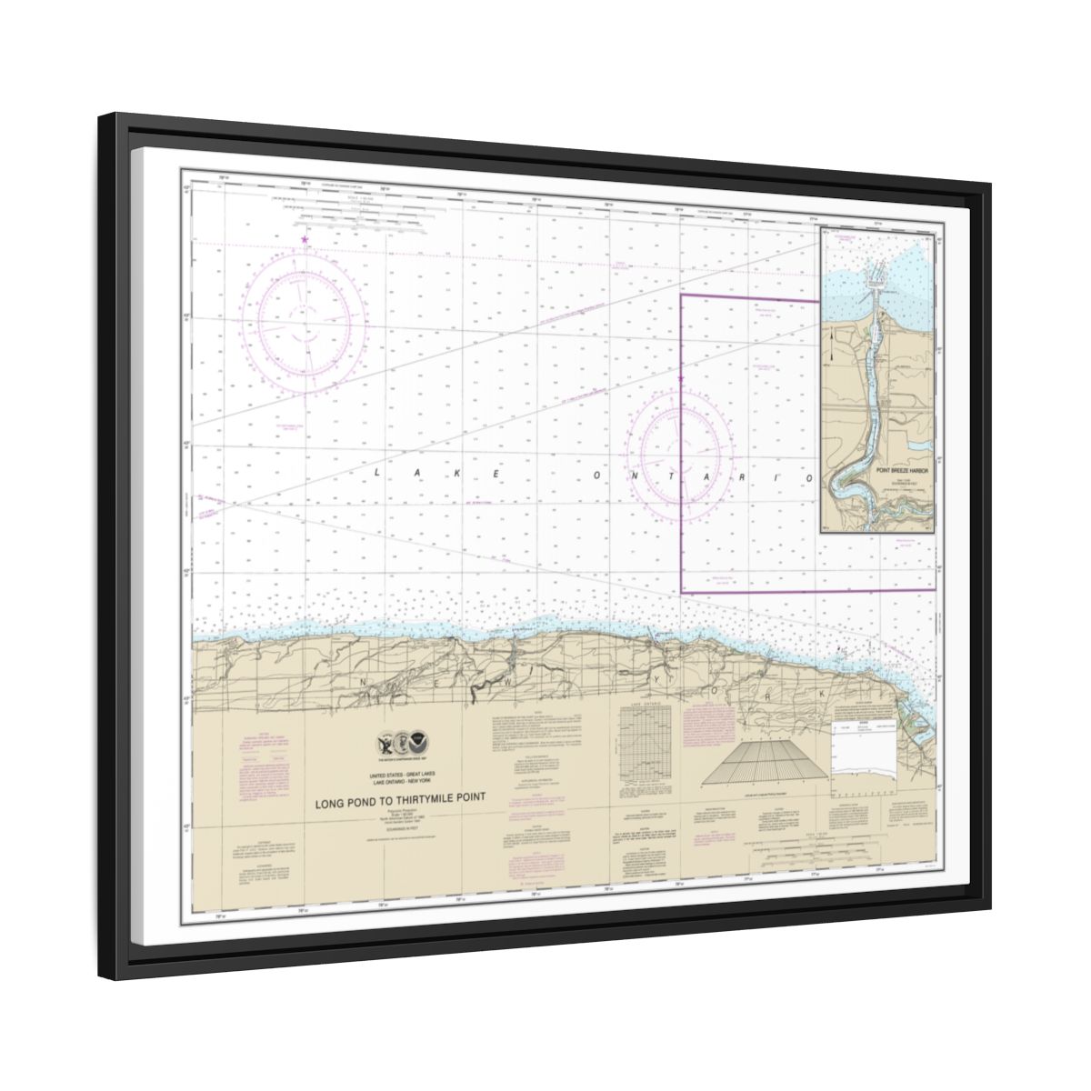Chart 14805 Long Pond to Thirtymile Point;Point Breeze Harbor - NOAA Nautical Chart Floating Frame Canvas | 32" x 24" | 40" x 30" - Black side