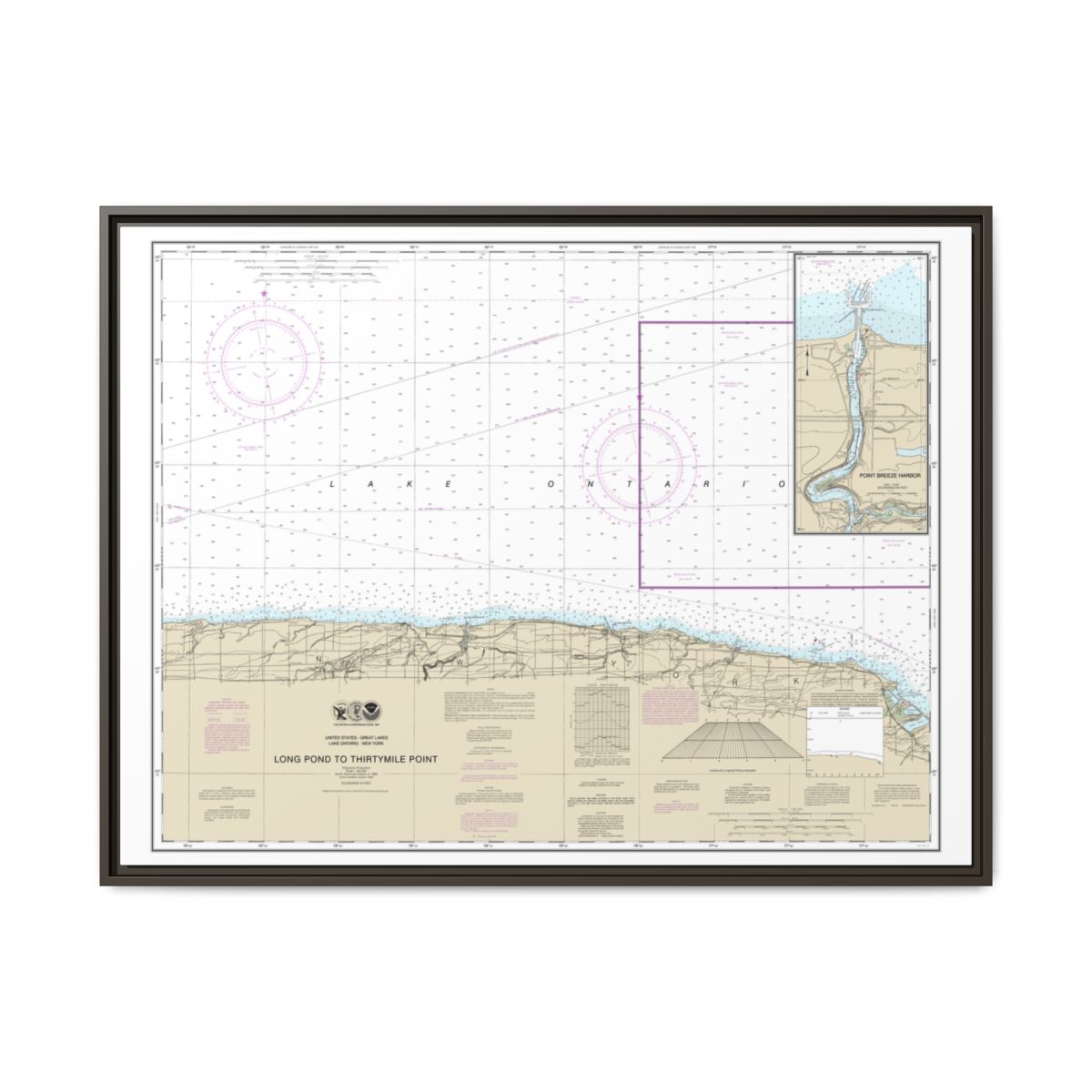 Chart 14805 Long Pond to Thirtymile Point;Point Breeze Harbor - NOAA Nautical Chart Floating Frame Canvas | 32" x 24" | 40" x 30" - Espresso front