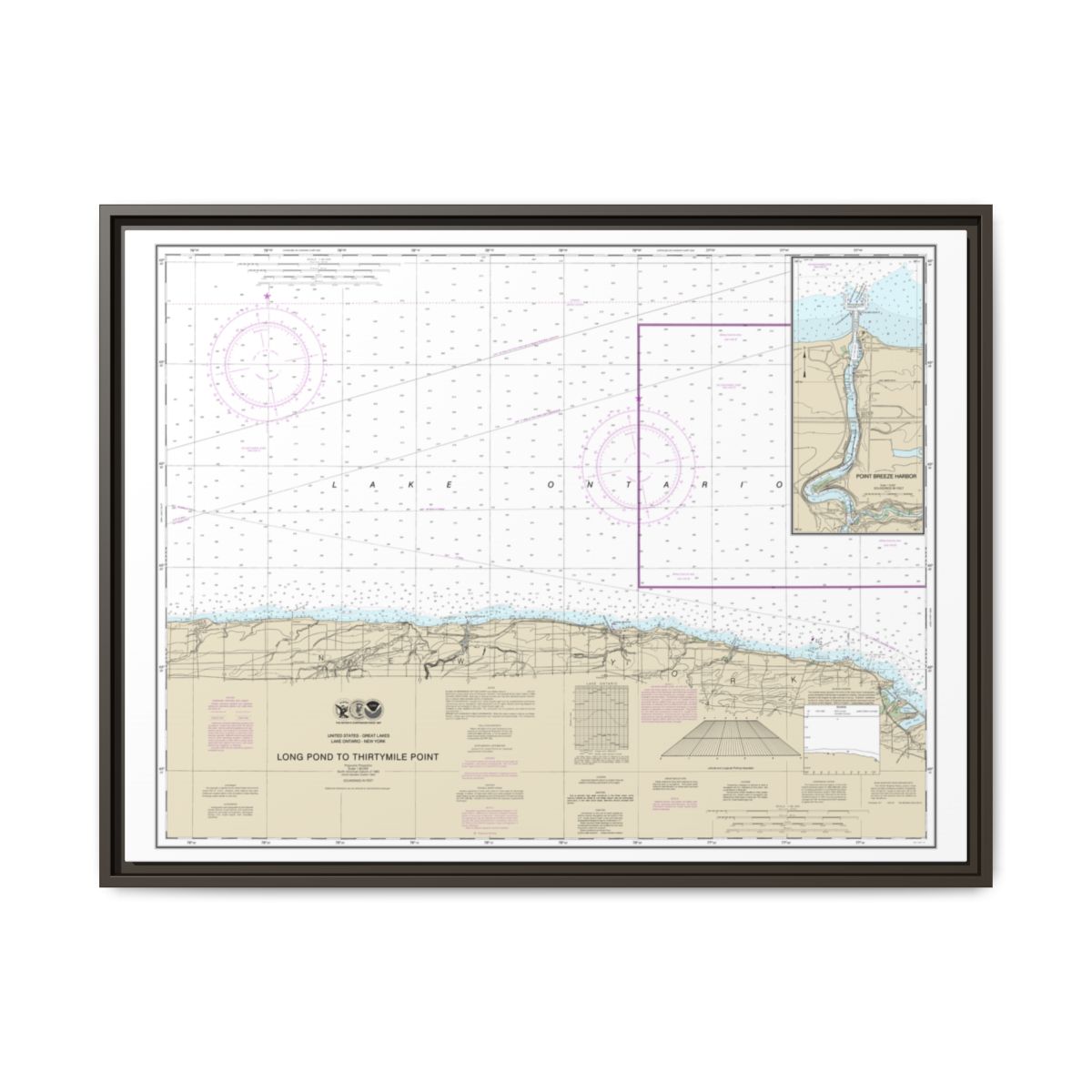 Chart 14805 Long Pond to Thirtymile Point;Point Breeze Harbor - NOAA Nautical Chart Floating Frame Canvas | 32" x 24" | 40" x 30" - Espresso front