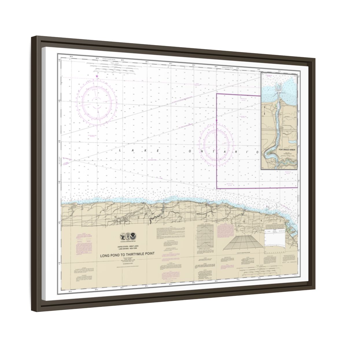 Chart 14805 Long Pond to Thirtymile Point;Point Breeze Harbor - NOAA Nautical Chart Floating Frame Canvas | 32" x 24" | 40" x 30" - Espresso side