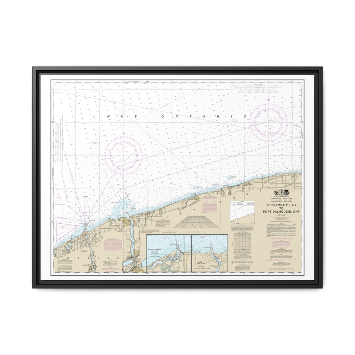 Chart 14806 Thirtymile Point, N.Y., to Port Dalhousie, Ont. - NOAA Nautical Chart Floating Frame Canvas | 32" x 24" | 40" x 30" - Black front