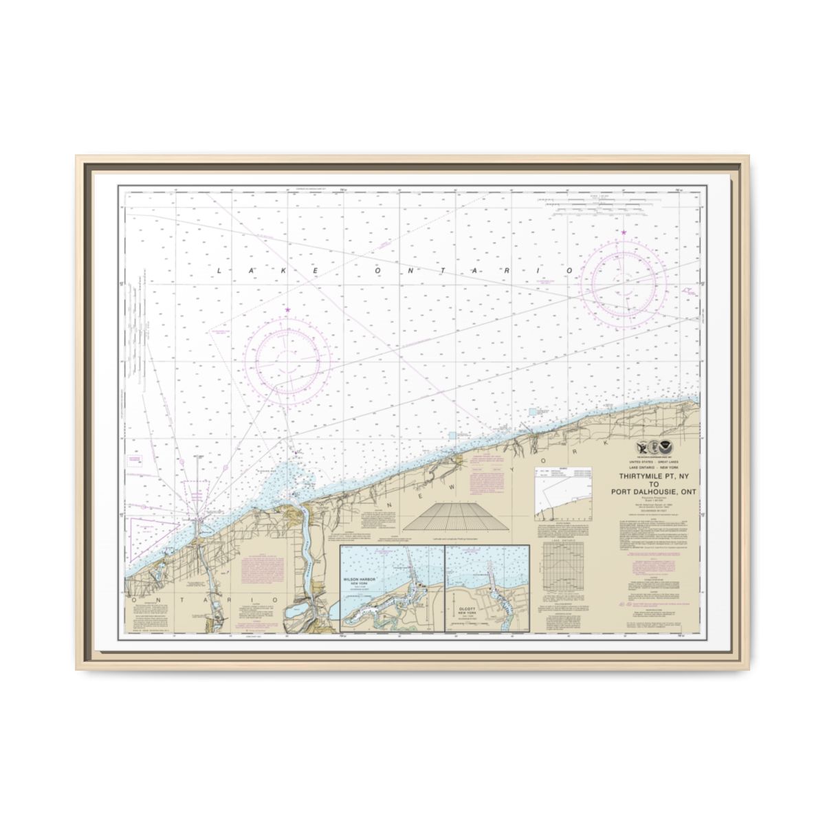 Chart 14806 Thirtymile Point, N.Y., to Port Dalhousie, Ont. - NOAA Nautical Chart Floating Frame Canvas | 32" x 24" | 40" x 30" - Natural front