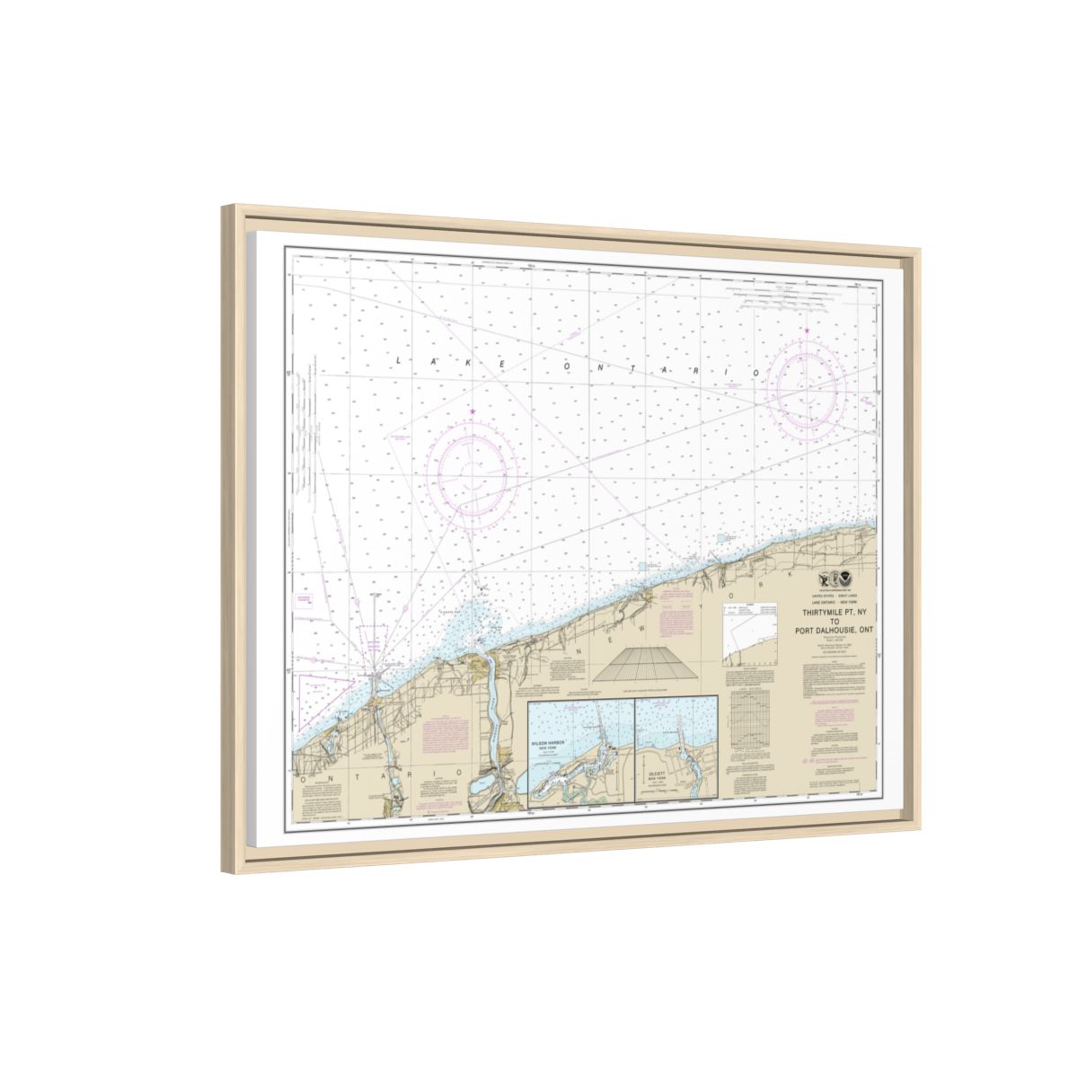 Chart 14806 Thirtymile Point, N.Y., to Port Dalhousie, Ont. - NOAA Nautical Chart Floating Frame Canvas | 32" x 24" | 40" x 30" - Natural side