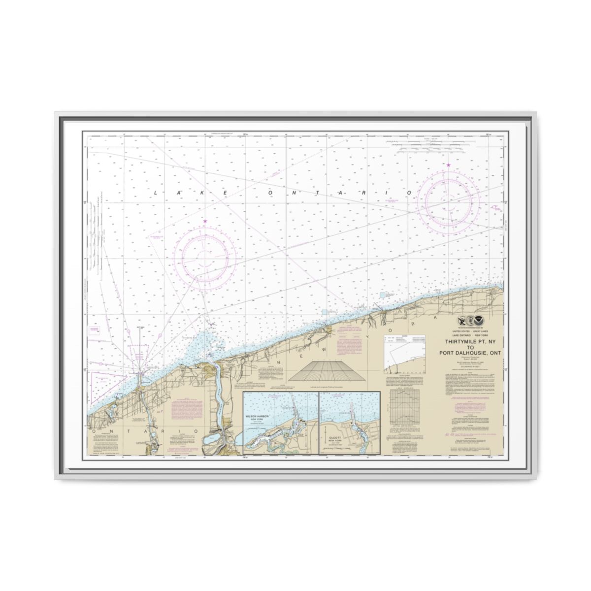 Chart 14806 Thirtymile Point, N.Y., to Port Dalhousie, Ont. - NOAA Nautical Chart Floating Frame Canvas | 32" x 24" | 40" x 30" - White front