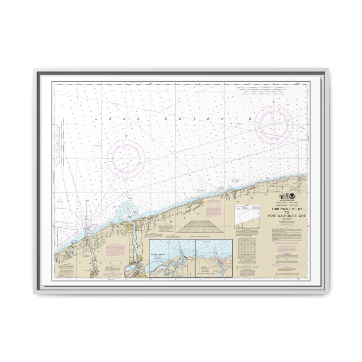 Chart 14806 Thirtymile Point, N.Y., to Port Dalhousie, Ont. - NOAA Nautical Chart Floating Frame Canvas | 32" x 24" | 40" x 30" - White front