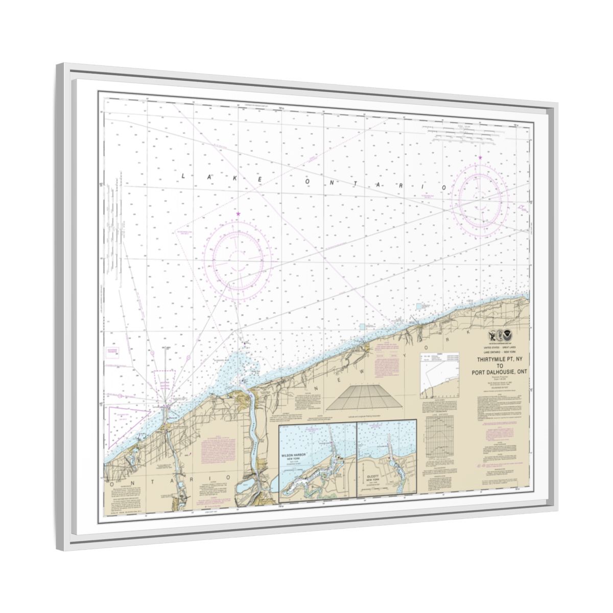 Chart 14806 Thirtymile Point, N.Y., to Port Dalhousie, Ont. - NOAA Nautical Chart Floating Frame Canvas | 32" x 24" | 40" x 30" - White side