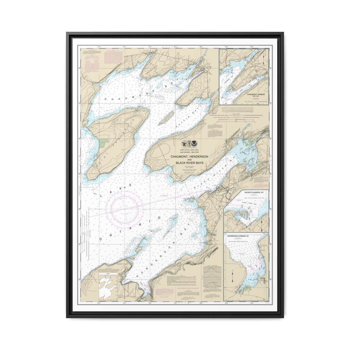 Chart 14811 Chaumont, Henderson and Black River Bays;Sackets Harbor;Henderson Harbor;Chaumont Harbor - NOAA Nautical Chart Floating Frame Canvas | 24" x 32" | 30" x 40" - Black front