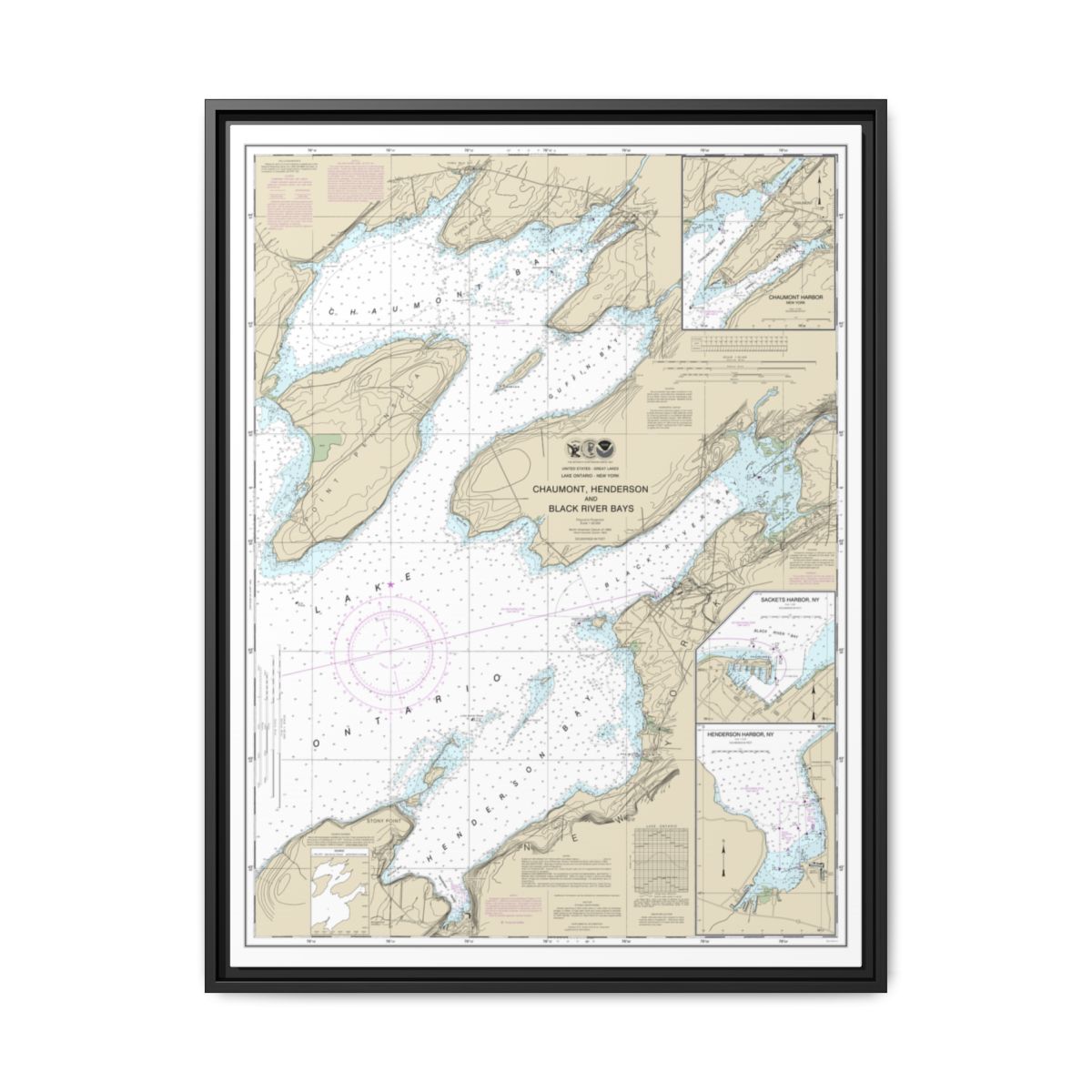 Chart 14811 Chaumont, Henderson and Black River Bays;Sackets Harbor;Henderson Harbor;Chaumont Harbor - NOAA Nautical Chart Floating Frame Canvas | 24" x 32" | 30" x 40" - Black front