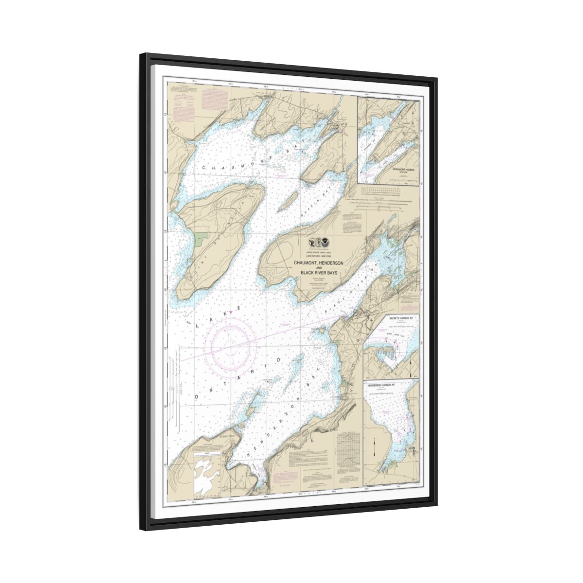 Chart 14811 Chaumont, Henderson and Black River Bays;Sackets Harbor;Henderson Harbor;Chaumont Harbor - NOAA Nautical Chart Floating Frame Canvas | 24" x 32" | 30" x 40" - Black side