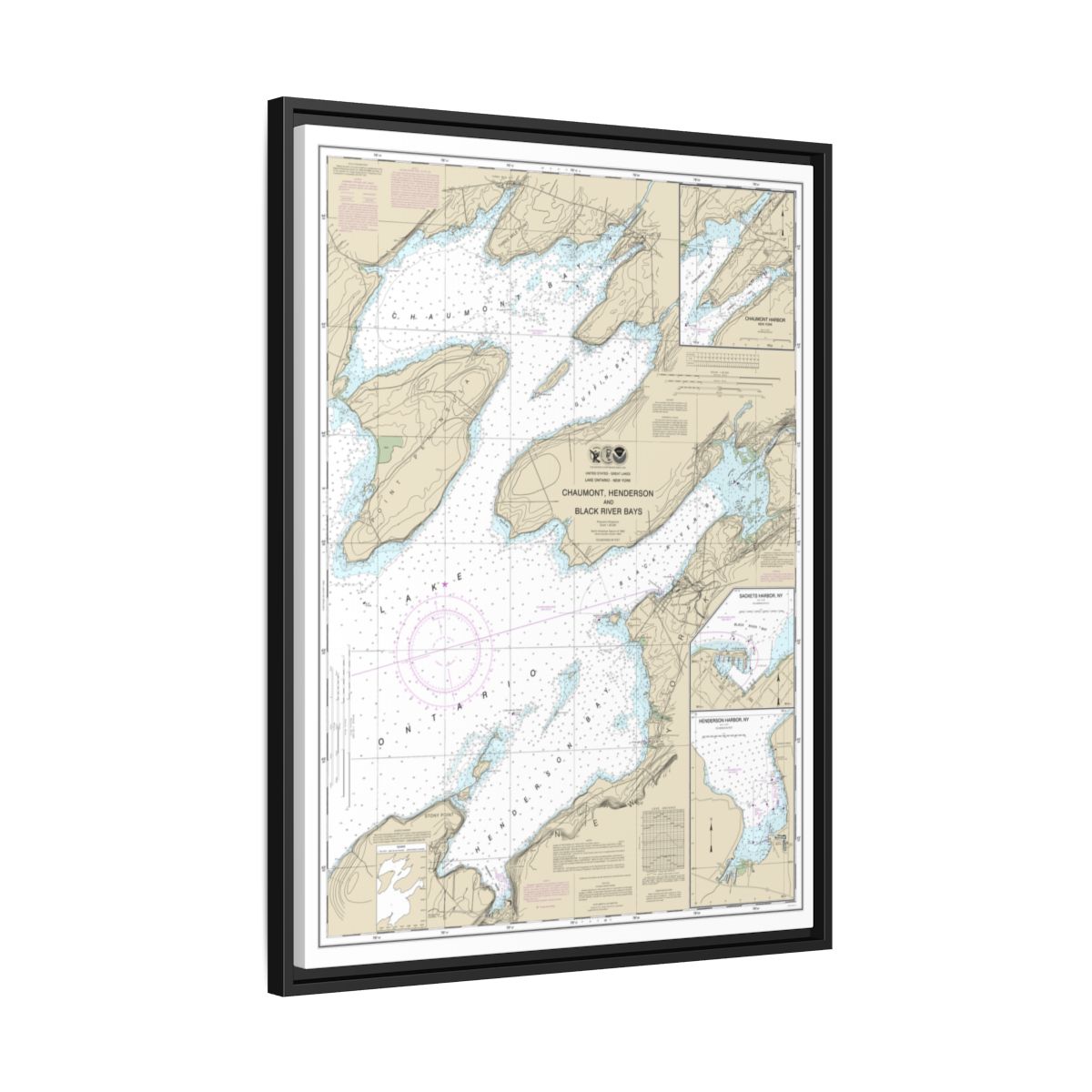 Chart 14811 Chaumont, Henderson and Black River Bays;Sackets Harbor;Henderson Harbor;Chaumont Harbor - NOAA Nautical Chart Floating Frame Canvas | 24" x 32" | 30" x 40" - Black side