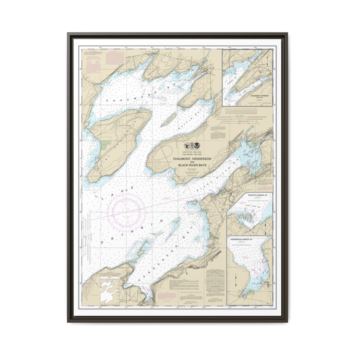 Chart 14811 Chaumont, Henderson and Black River Bays;Sackets Harbor;Henderson Harbor;Chaumont Harbor - NOAA Nautical Chart Floating Frame Canvas | 24" x 32" | 30" x 40" - Espresso front