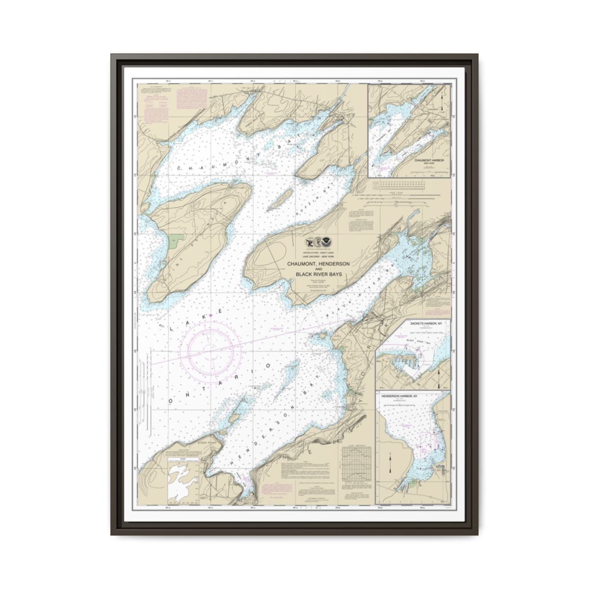 Chart 14811 Chaumont, Henderson and Black River Bays;Sackets Harbor;Henderson Harbor;Chaumont Harbor - NOAA Nautical Chart Floating Frame Canvas | 24" x 32" | 30" x 40" - Espresso front