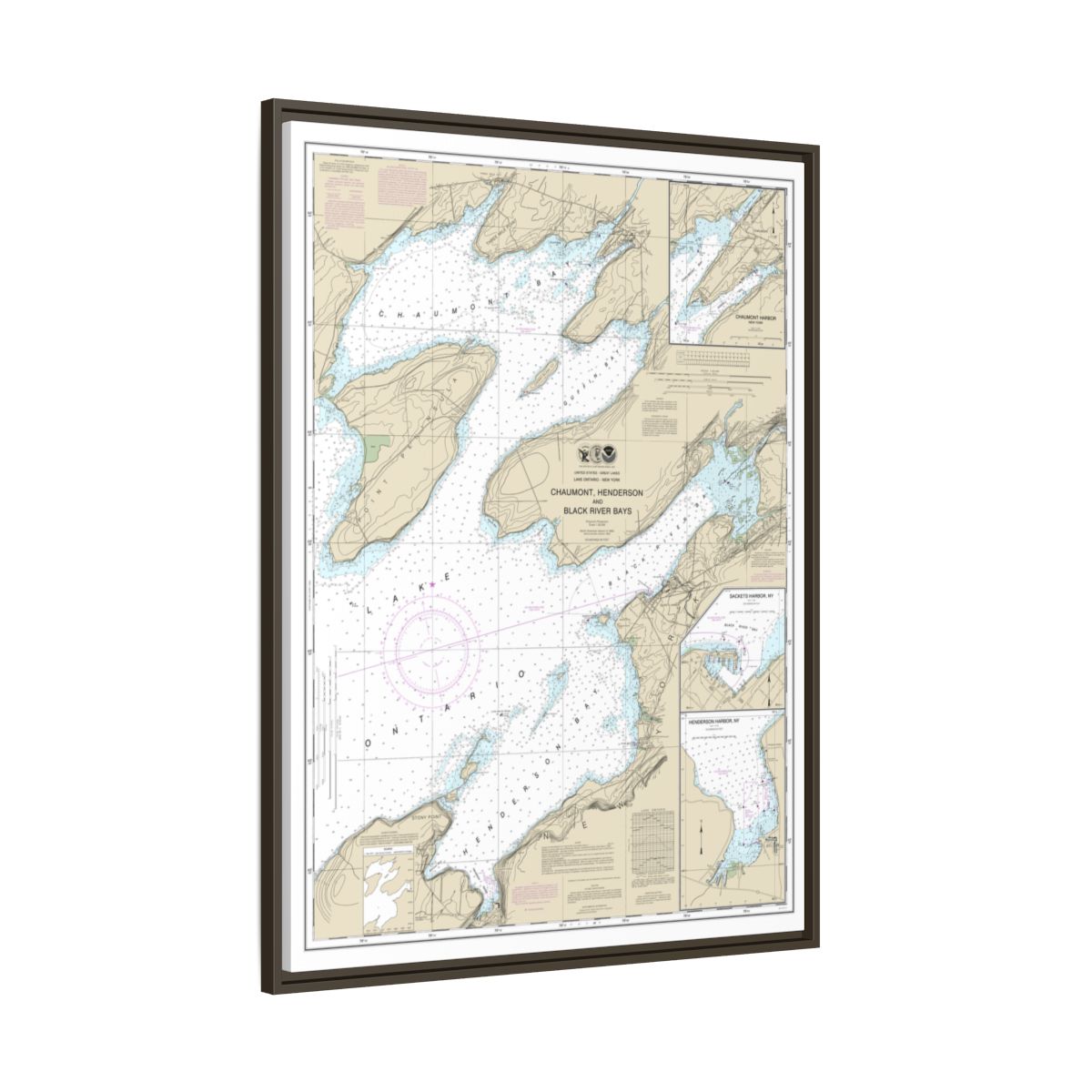 Chart 14811 Chaumont, Henderson and Black River Bays;Sackets Harbor;Henderson Harbor;Chaumont Harbor - NOAA Nautical Chart Floating Frame Canvas | 24" x 32" | 30" x 40" - Espresso side