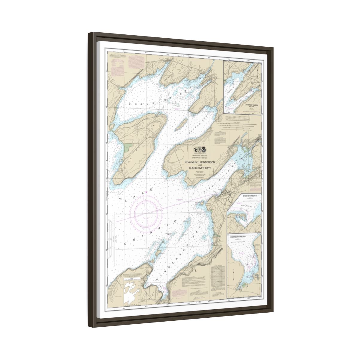 Chart 14811 Chaumont, Henderson and Black River Bays;Sackets Harbor;Henderson Harbor;Chaumont Harbor - NOAA Nautical Chart Floating Frame Canvas | 24" x 32" | 30" x 40" - Espresso side