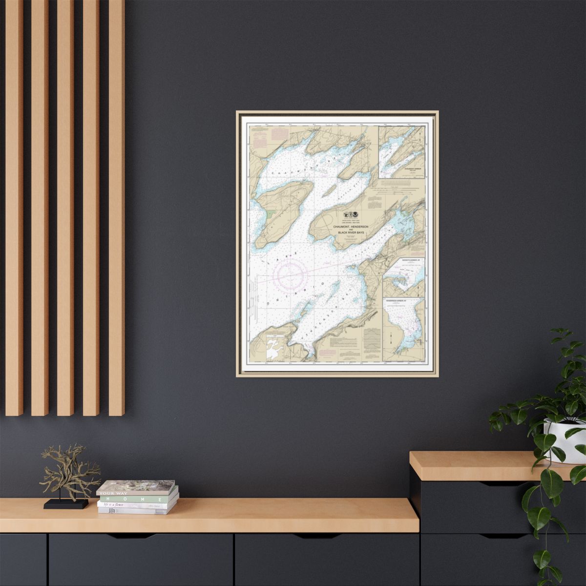 Chart 14811 Chaumont, Henderson and Black River Bays;Sackets Harbor;Henderson Harbor;Chaumont Harbor - NOAA Nautical Chart Floating Frame Canvas | 24" x 32" | 30" x 40" - Natural context-2