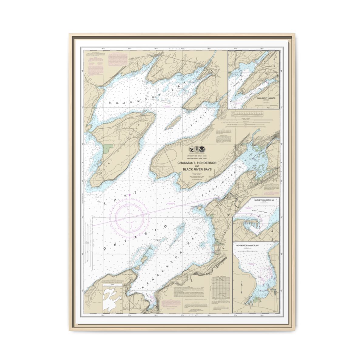 Chart 14811 Chaumont, Henderson and Black River Bays;Sackets Harbor;Henderson Harbor;Chaumont Harbor - NOAA Nautical Chart Floating Frame Canvas | 24" x 32" | 30" x 40" - Natural front