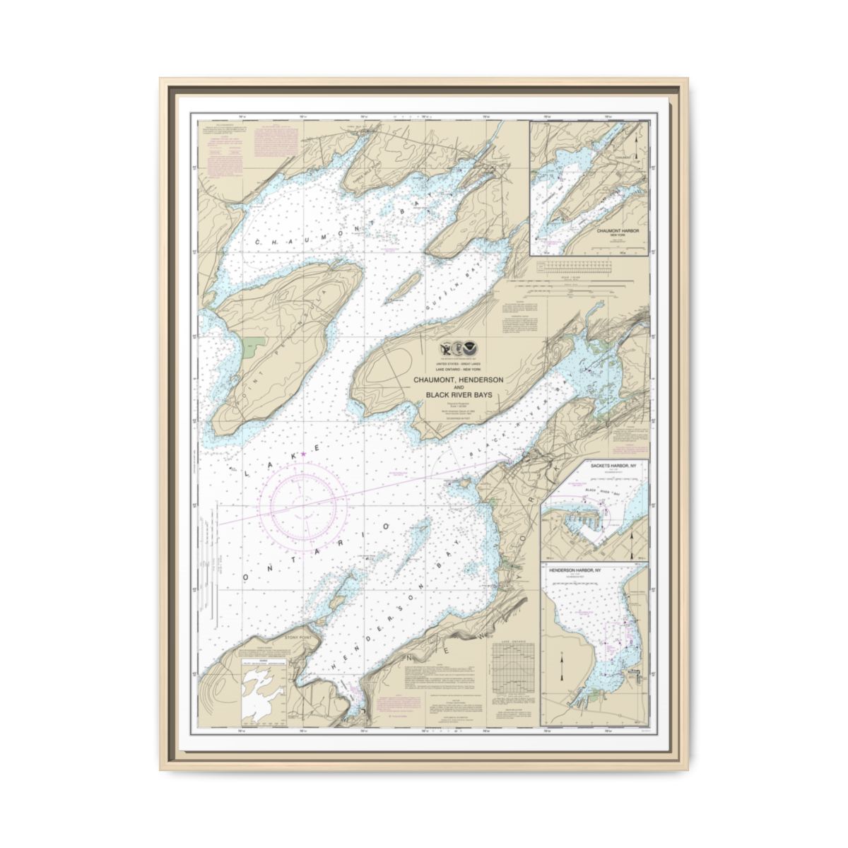 Chart 14811 Chaumont, Henderson and Black River Bays;Sackets Harbor;Henderson Harbor;Chaumont Harbor - NOAA Nautical Chart Floating Frame Canvas | 24" x 32" | 30" x 40" - Natural front