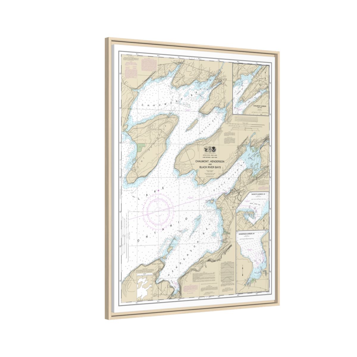 Chart 14811 Chaumont, Henderson and Black River Bays;Sackets Harbor;Henderson Harbor;Chaumont Harbor - NOAA Nautical Chart Floating Frame Canvas | 24" x 32" | 30" x 40" - Natural side