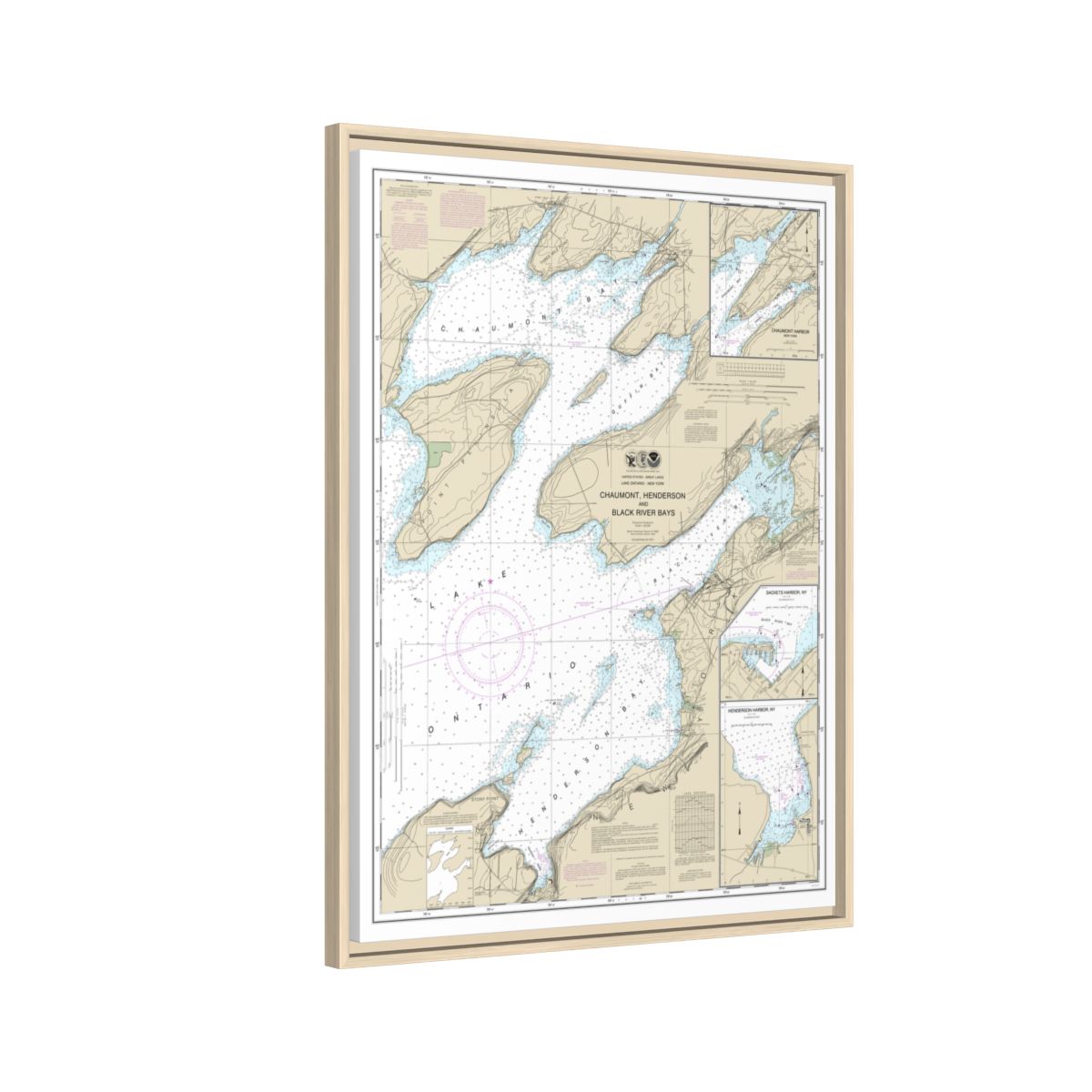 Chart 14811 Chaumont, Henderson and Black River Bays;Sackets Harbor;Henderson Harbor;Chaumont Harbor - NOAA Nautical Chart Floating Frame Canvas | 24" x 32" | 30" x 40" - Natural side