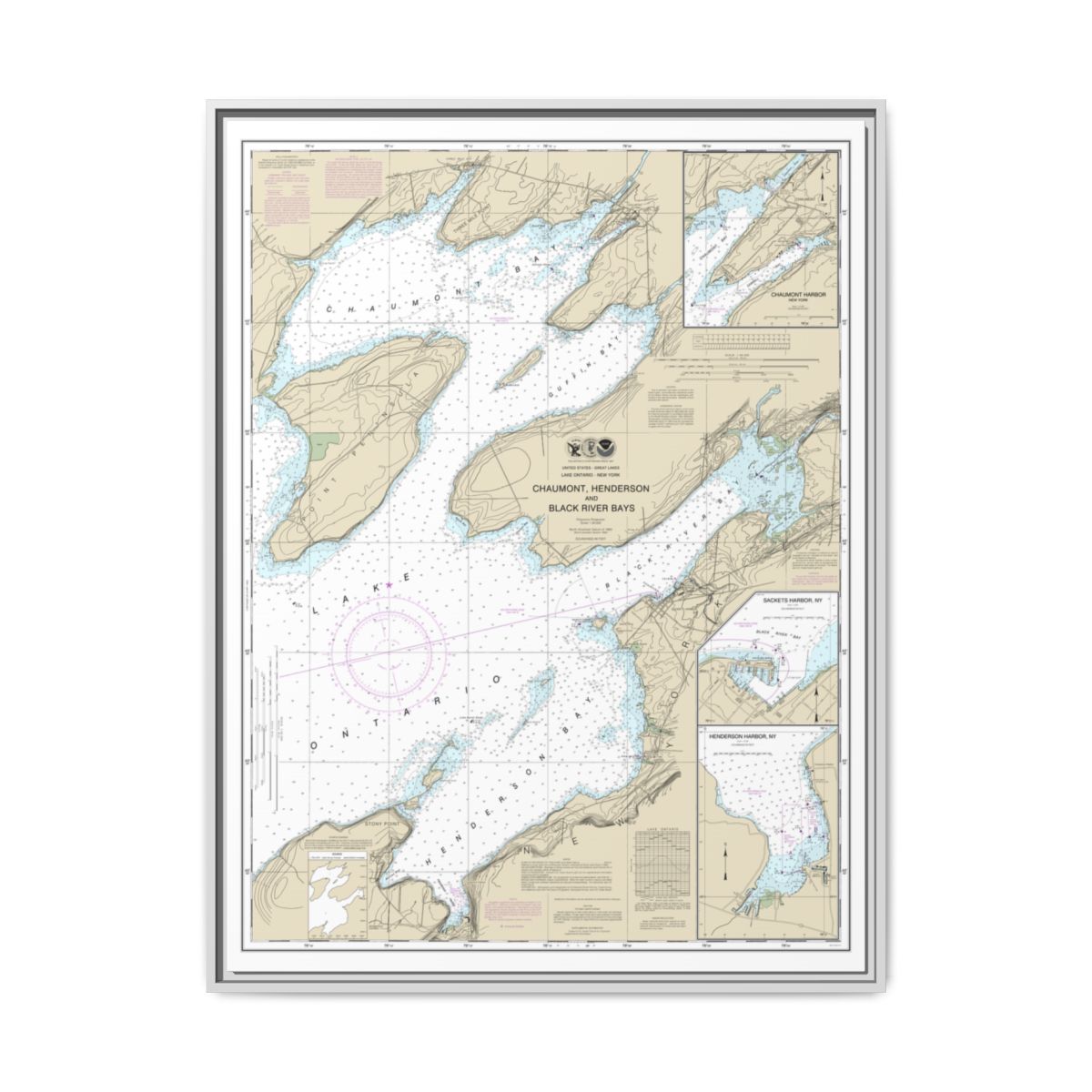 Chart 14811 Chaumont, Henderson and Black River Bays;Sackets Harbor;Henderson Harbor;Chaumont Harbor - NOAA Nautical Chart Floating Frame Canvas | 24" x 32" | 30" x 40" - White front