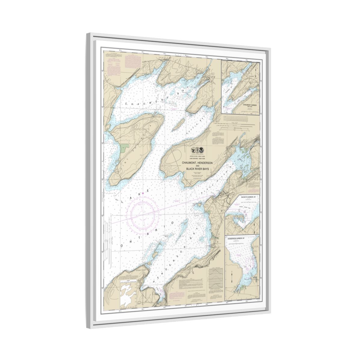 Chart 14811 Chaumont, Henderson and Black River Bays;Sackets Harbor;Henderson Harbor;Chaumont Harbor - NOAA Nautical Chart Floating Frame Canvas | 24" x 32" | 30" x 40" - White side