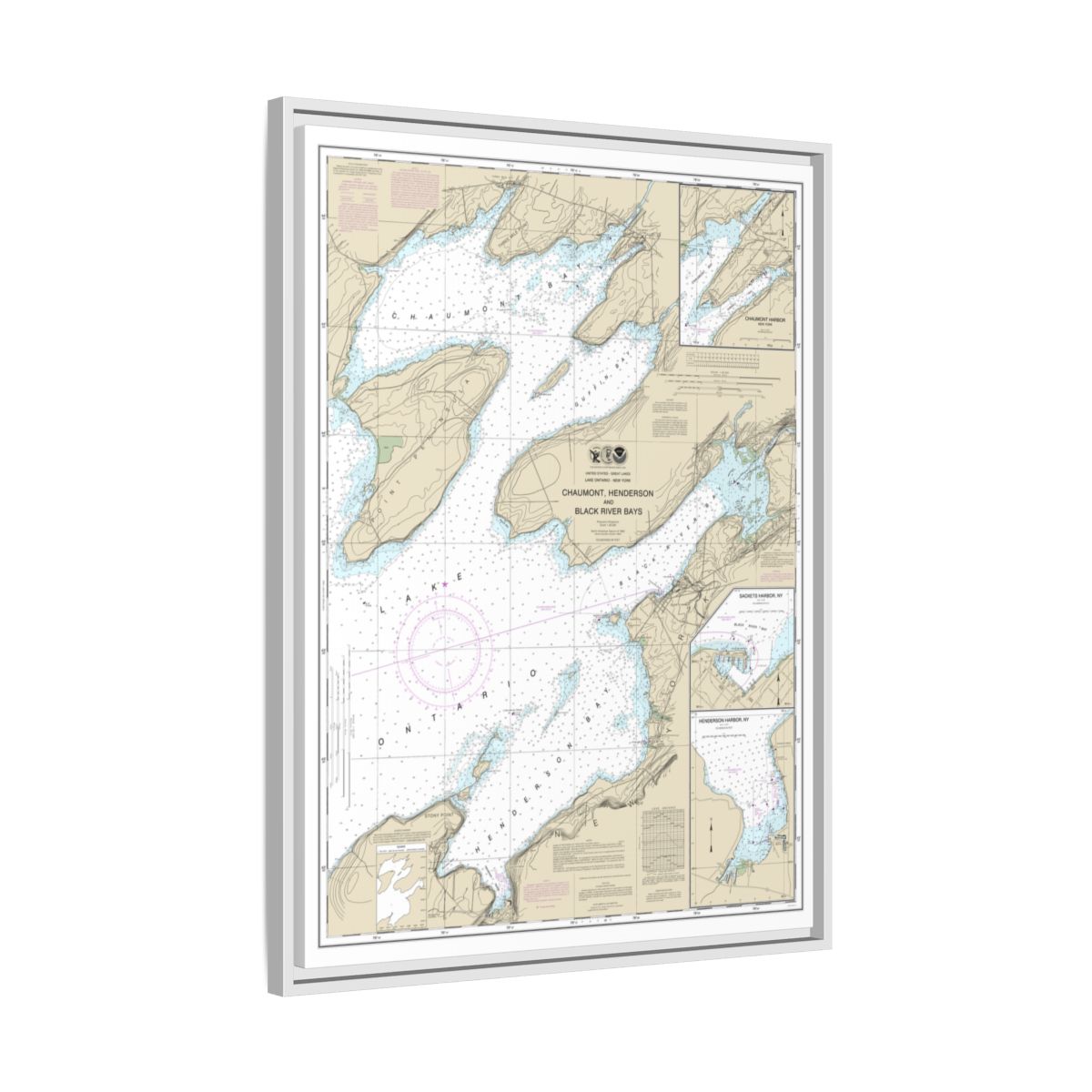 Chart 14811 Chaumont, Henderson and Black River Bays;Sackets Harbor;Henderson Harbor;Chaumont Harbor - NOAA Nautical Chart Floating Frame Canvas | 24" x 32" | 30" x 40" - White side