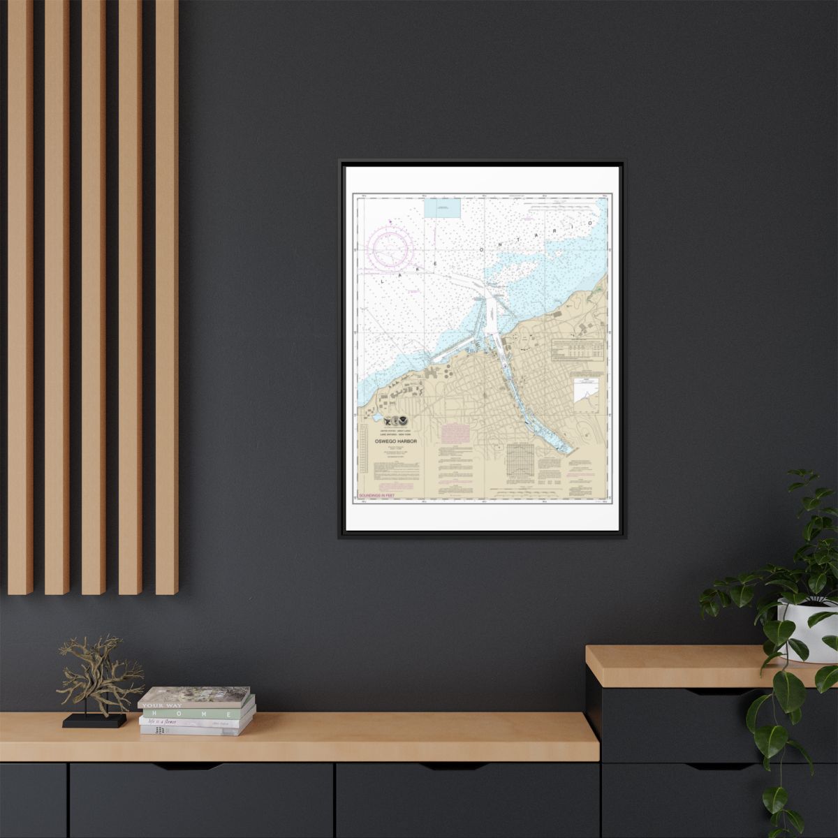 Chart 14813 Oswego Harbor - NOAA Nautical Chart Floating Frame Canvas | 24" x 32" | 30" x 40" - Black context-2