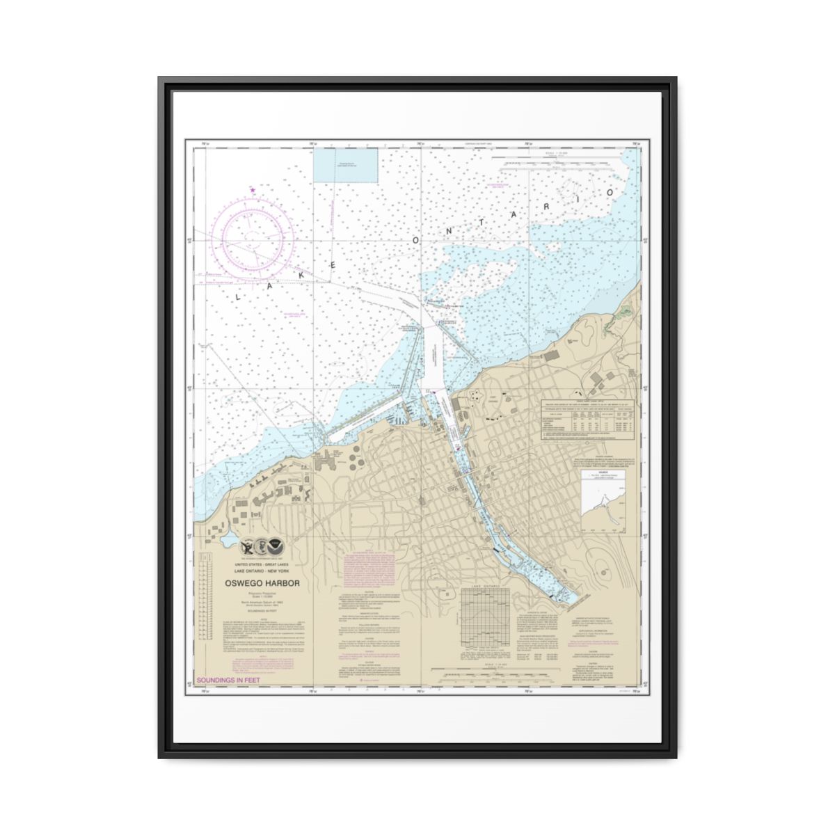 Chart 14813 Oswego Harbor - NOAA Nautical Chart Floating Frame Canvas | 24" x 32" | 30" x 40" - Black front