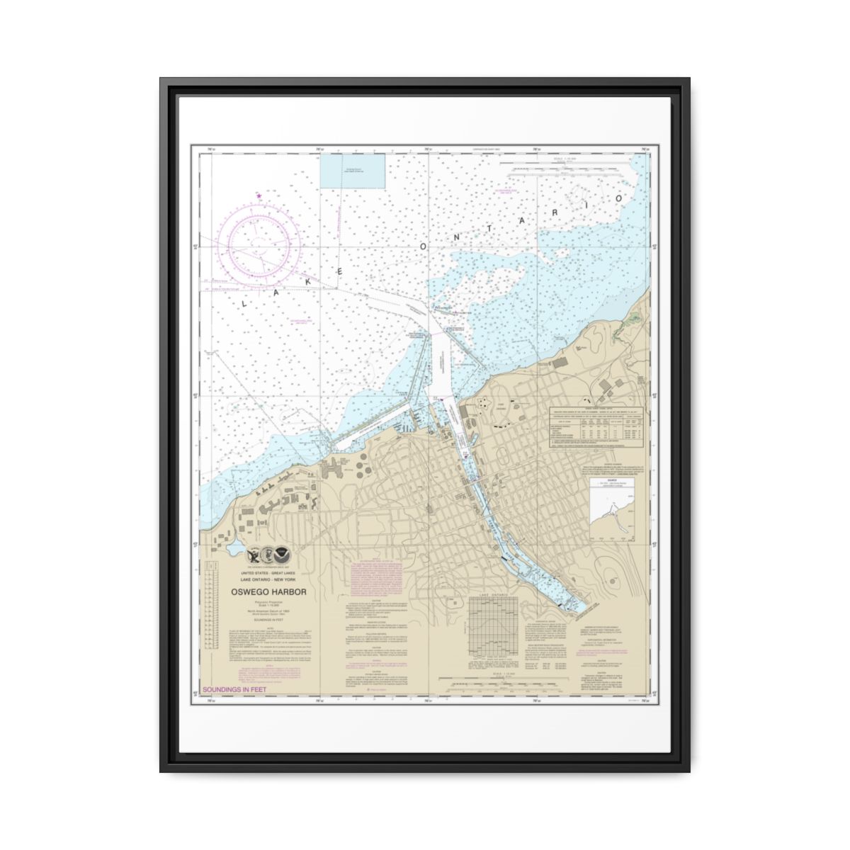 Chart 14813 Oswego Harbor - NOAA Nautical Chart Floating Frame Canvas | 24" x 32" | 30" x 40" - Black front