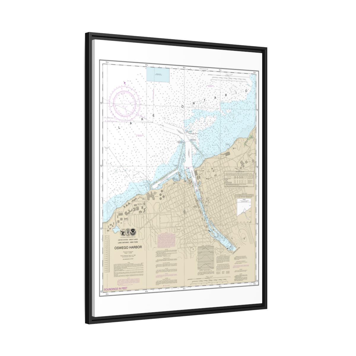 Chart 14813 Oswego Harbor - NOAA Nautical Chart Floating Frame Canvas | 24" x 32" | 30" x 40" - Black side