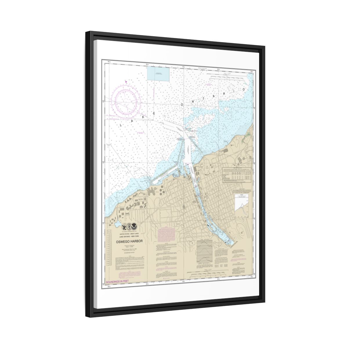 Chart 14813 Oswego Harbor - NOAA Nautical Chart Floating Frame Canvas | 24" x 32" | 30" x 40" - Black side
