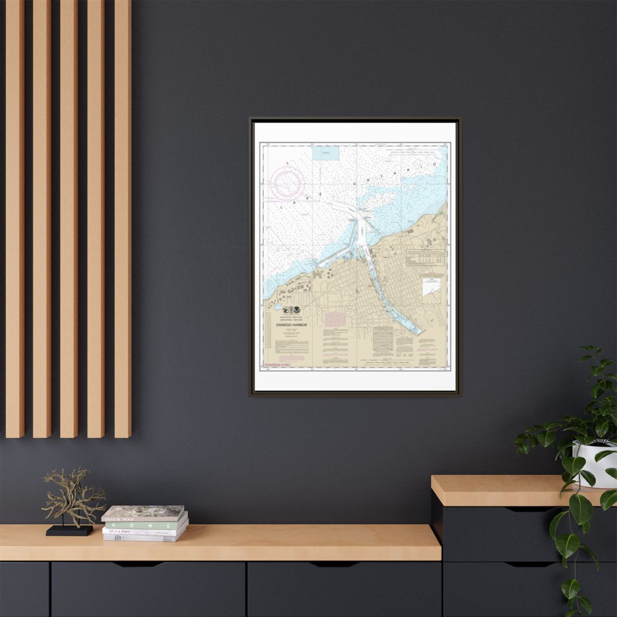 Chart 14813 Oswego Harbor - NOAA Nautical Chart Floating Frame Canvas | 24" x 32" | 30" x 40" - Espresso context-2