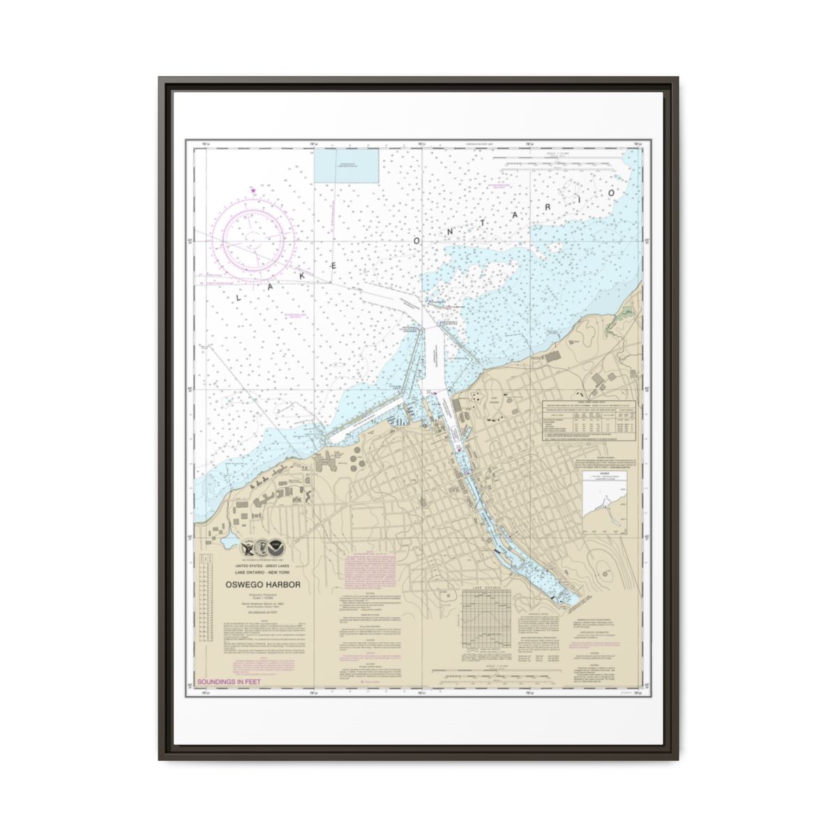Chart 14813 Oswego Harbor - NOAA Nautical Chart Floating Frame Canvas | 24" x 32" | 30" x 40" - Espresso front