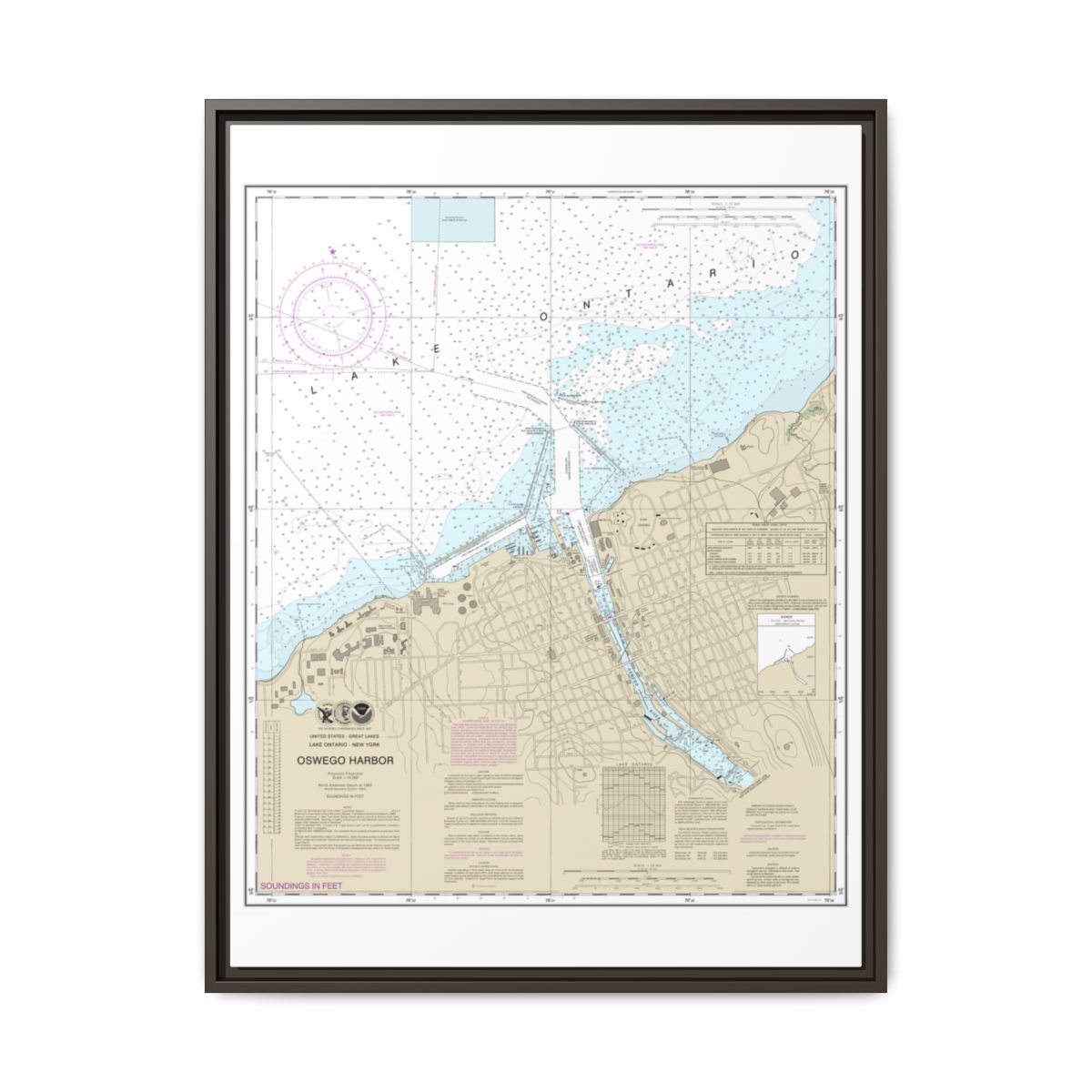 Chart 14813 Oswego Harbor - NOAA Nautical Chart Floating Frame Canvas | 24" x 32" | 30" x 40" - Espresso front