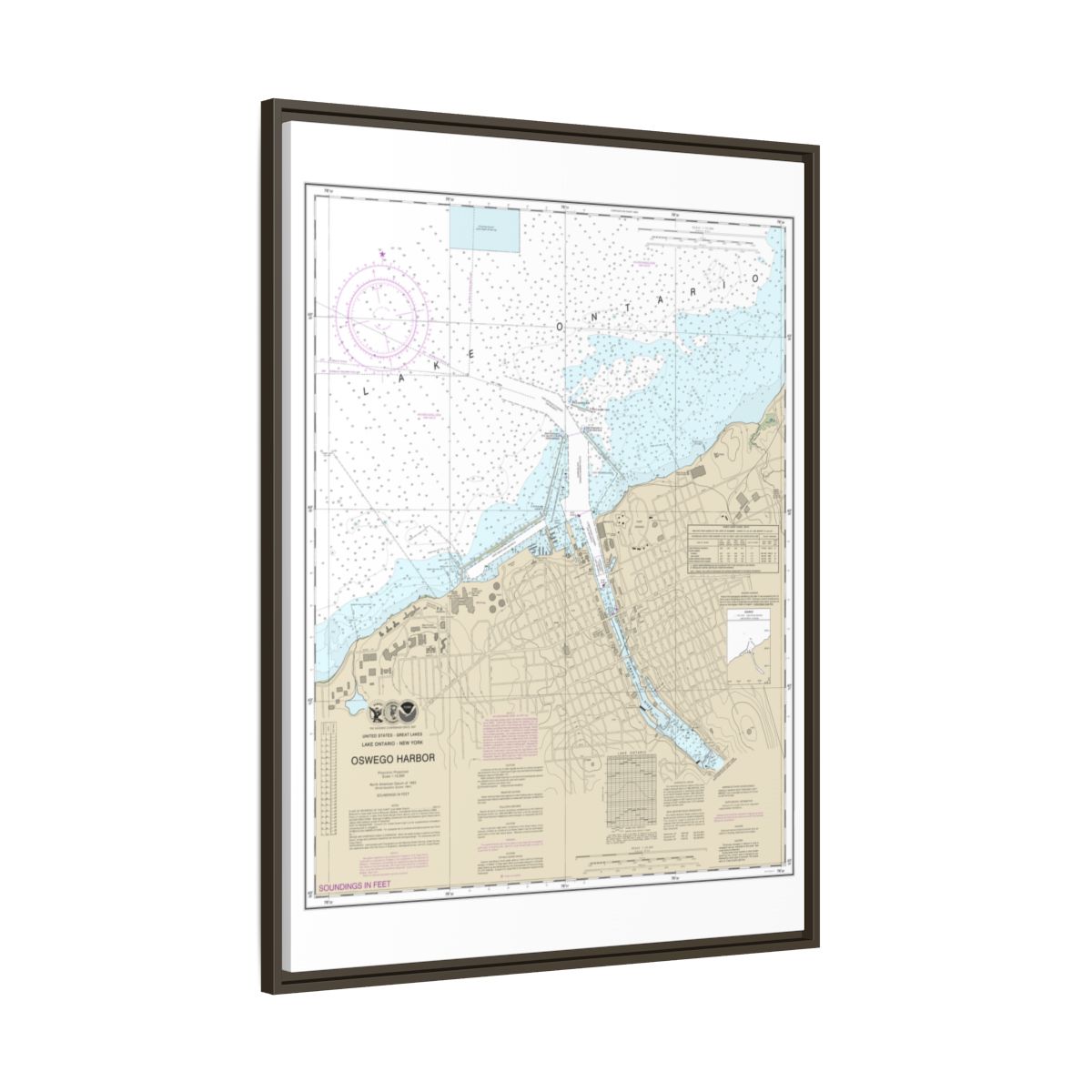 Chart 14813 Oswego Harbor - NOAA Nautical Chart Floating Frame Canvas | 24" x 32" | 30" x 40" - Espresso side