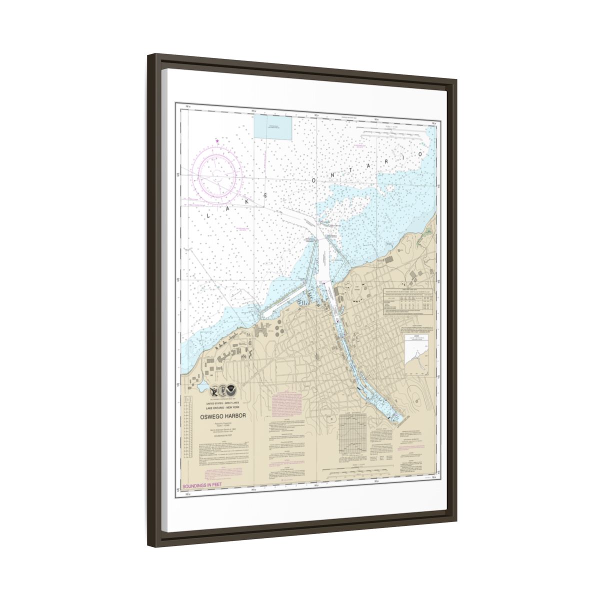 Chart 14813 Oswego Harbor - NOAA Nautical Chart Floating Frame Canvas | 24" x 32" | 30" x 40" - Espresso side