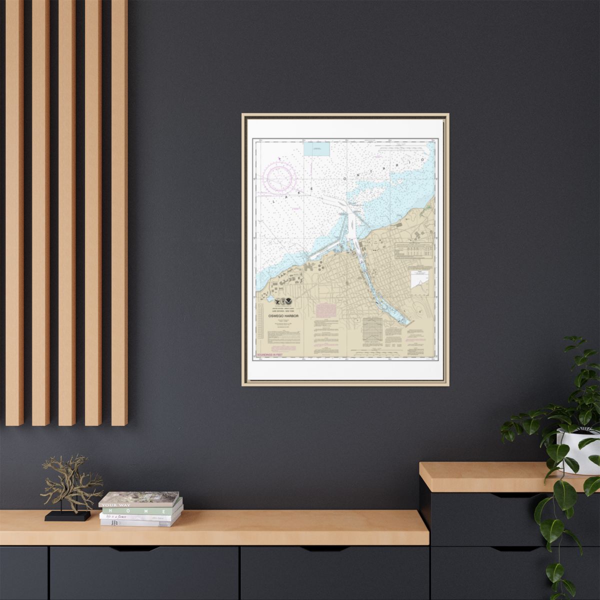 Chart 14813 Oswego Harbor - NOAA Nautical Chart Floating Frame Canvas | 24" x 32" | 30" x 40" - Natural context-2